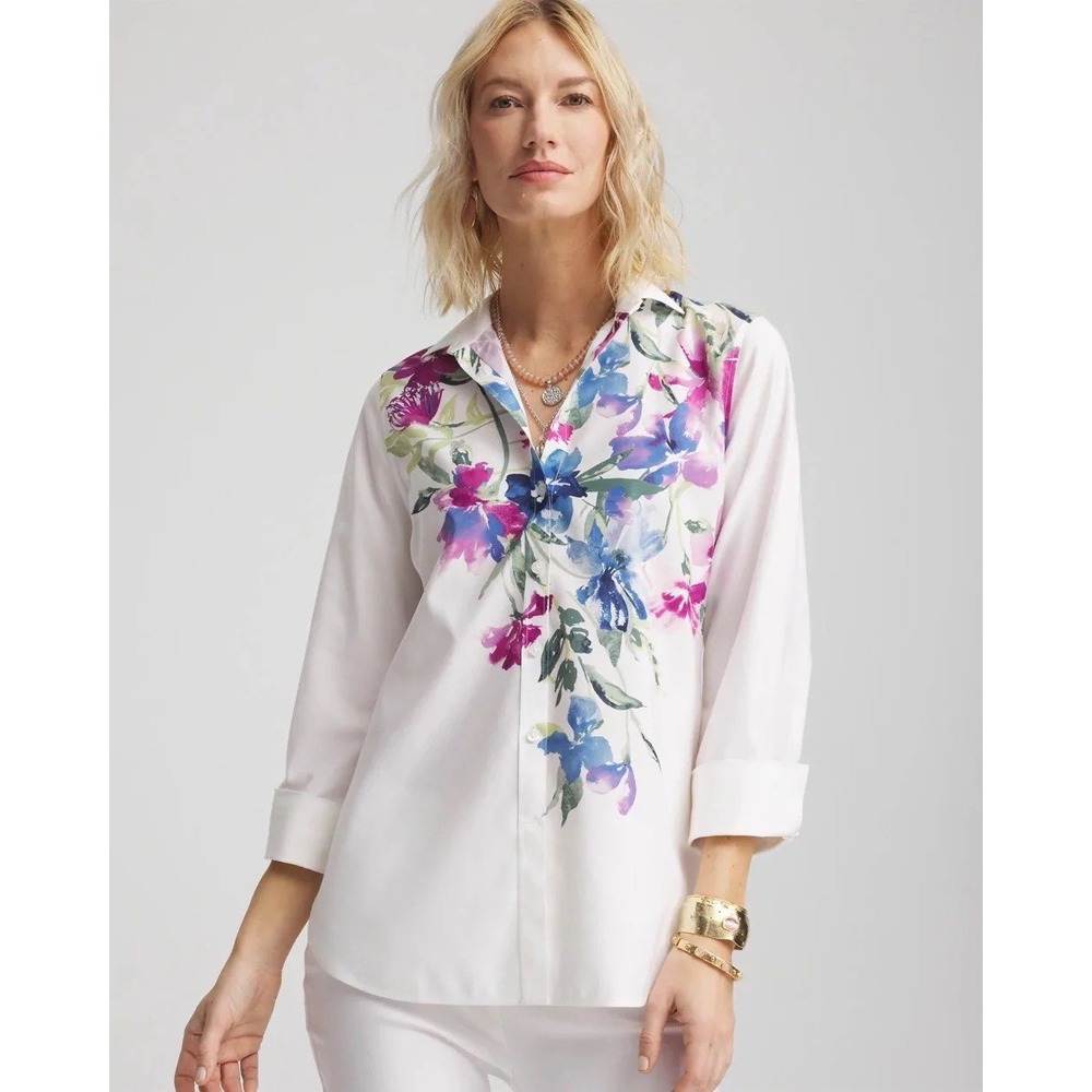 NWT Chico's No Iron Stretch White Floral 3/4 Sleeve Button Front Shirt Sz 0 / 4